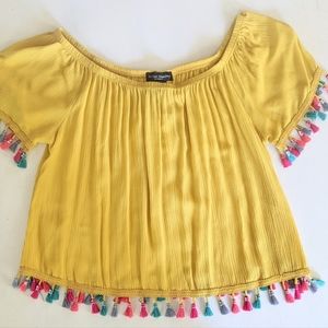 Yellow crop top with multi colored tassels